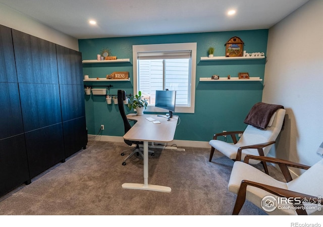 office space featuring recessed lighting, baseboards, and carpet floors