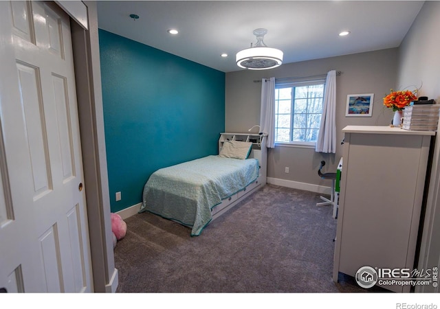 carpeted bedroom with recessed lighting and baseboards