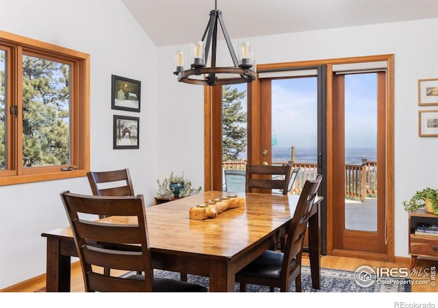 82 Grove Ct, Boulder, CO 80302 - dining space with a chandelier, plenty of natural light, wood finished floors, vaulted ceiling, and a water view