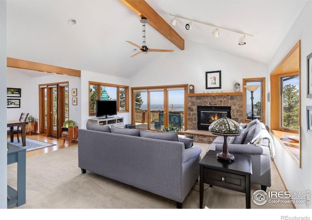 82 Grove Ct, Boulder, CO 80302 - living room with light carpet, ceiling fan, track lighting, and plenty of natural light