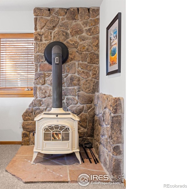 82 Grove Ct, Boulder, CO 80302 - detailed view of a wood stove, carpet floors, and baseboards