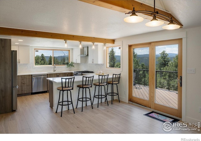 kitchen with a breakfast bar area, a sink, stainless steel appliances, wall chimney exhaust hood, and tasteful backsplash