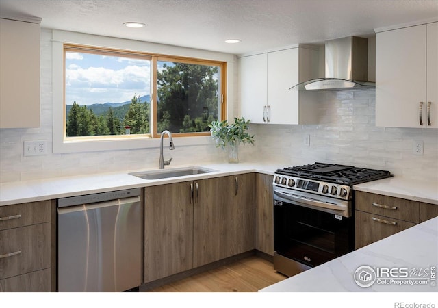 kitchen featuring light wood finished floors, wall chimney range hood, appliances with stainless steel finishes, white cabinetry, and a sink