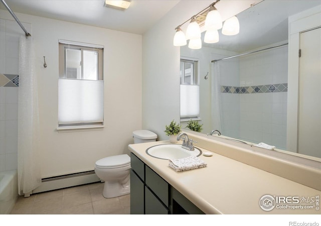 bathroom featuring toilet, shower / bath combo with shower curtain, baseboard heating, tile patterned floors, and vanity