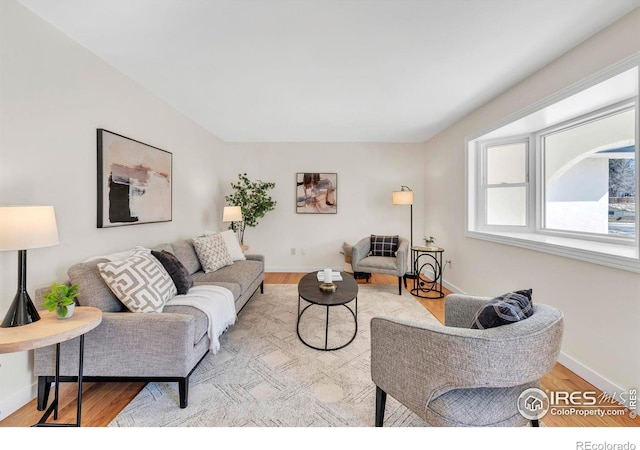 living room with baseboards and wood finished floors