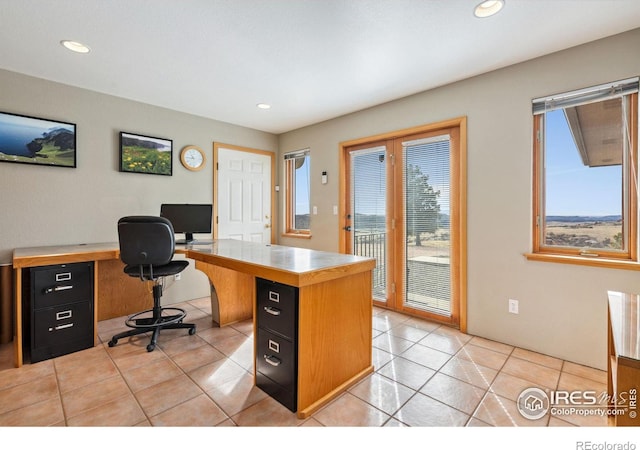 office space featuring light tile patterned floors and recessed lighting