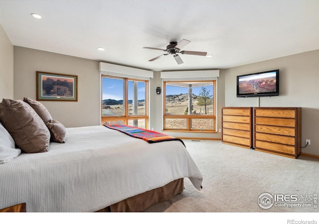 bedroom featuring carpet flooring, recessed lighting, a ceiling fan, and baseboards