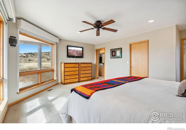 bedroom with visible vents, recessed lighting, carpet, baseboards, and ceiling fan