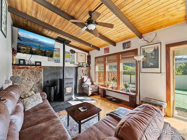 living area featuring a healthy amount of sunlight, a wood stove, and wood finished floors