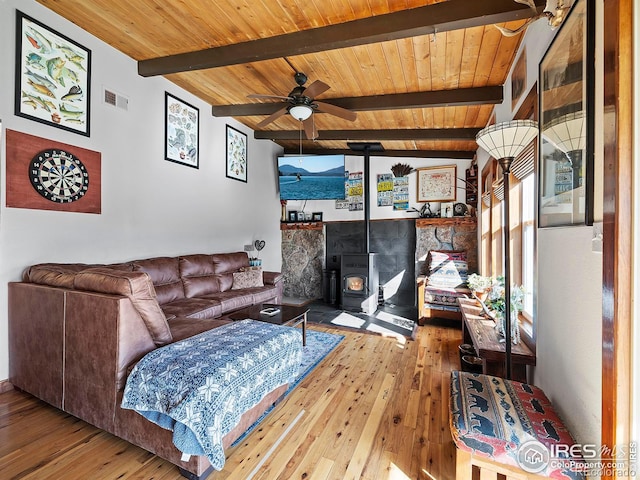 living area featuring visible vents, wooden ceiling, a wood stove, and hardwood / wood-style floors