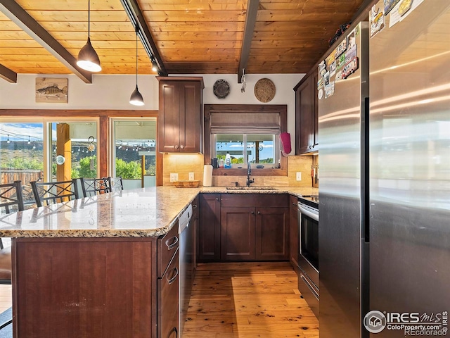 kitchen with wood ceiling, decorative backsplash, a peninsula, stainless steel appliances, and a sink