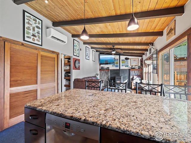 kitchen with wood ceiling, dishwasher, a wall mounted air conditioner, and light stone counters