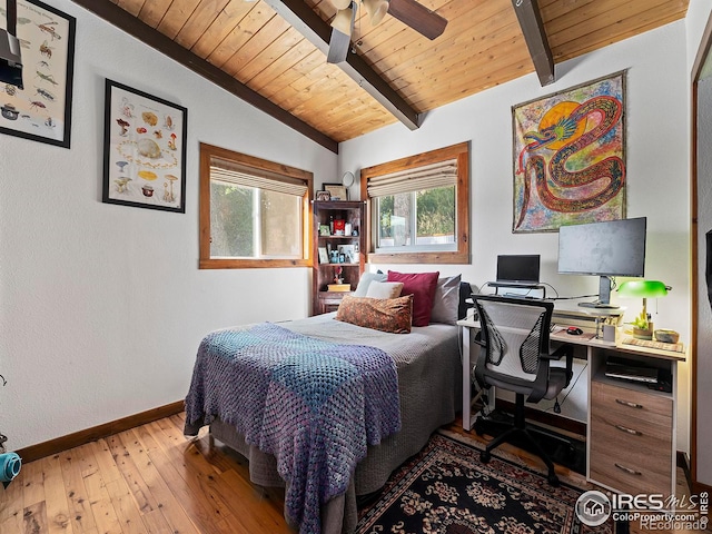 bedroom featuring ceiling fan, baseboards, wood ceiling, lofted ceiling with beams, and wood-type flooring