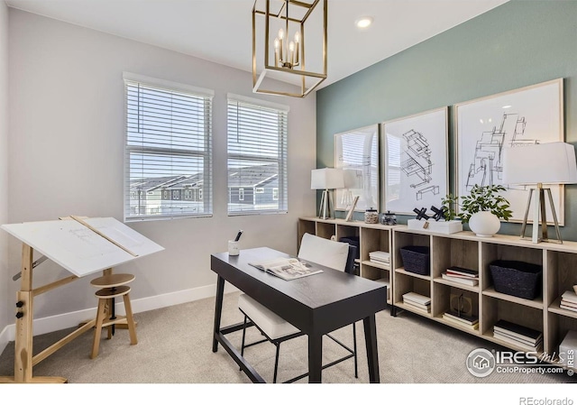 carpeted office space with a notable chandelier, recessed lighting, and baseboards