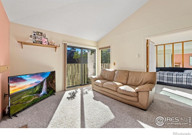 carpeted living area featuring vaulted ceiling