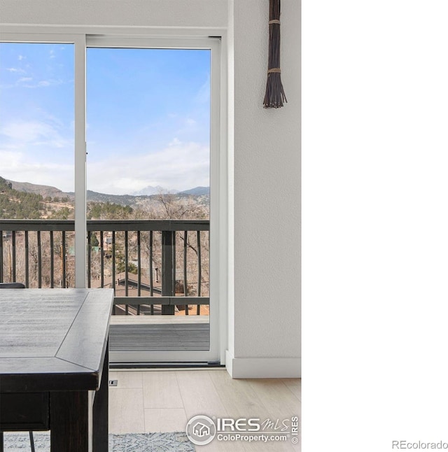 interior space featuring wood finished floors, a mountain view, and baseboards