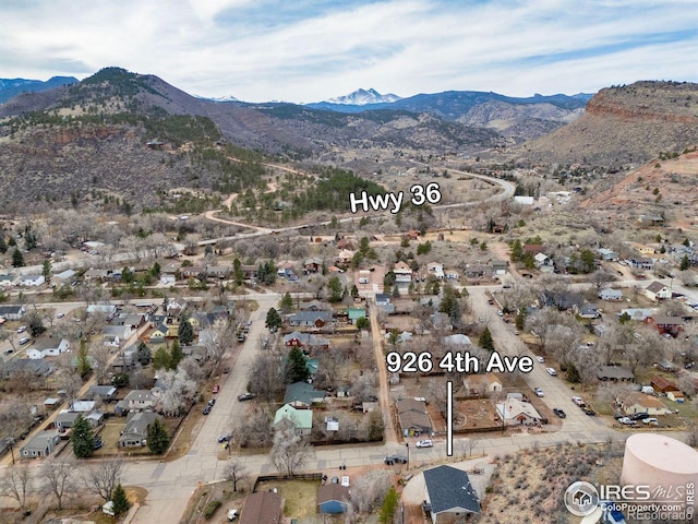 birds eye view of property featuring a mountain view and a residential view