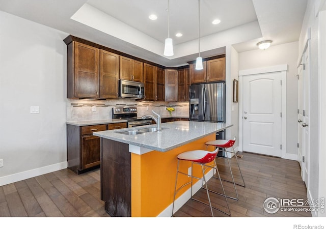 kitchen featuring tasteful backsplash, a sink, a tray ceiling, stainless steel appliances, and dark wood-style flooring