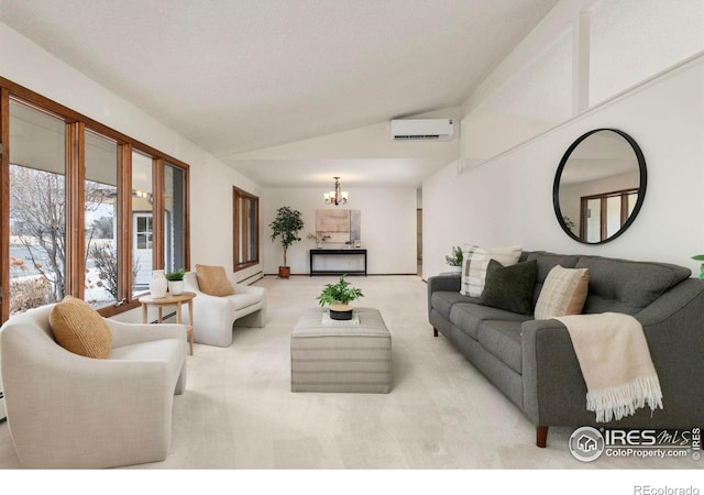 living area featuring vaulted ceiling, carpet flooring, a chandelier, and a wall mounted AC