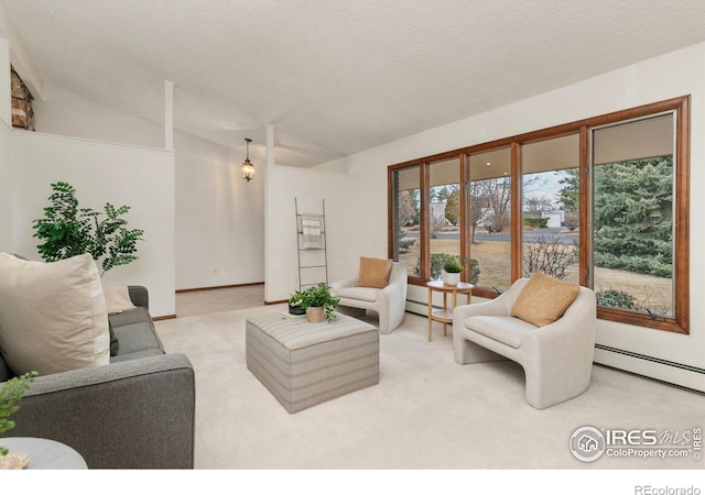 carpeted living room featuring baseboard heating and a textured ceiling