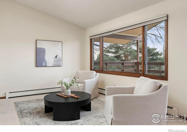 living area with lofted ceiling and baseboard heating