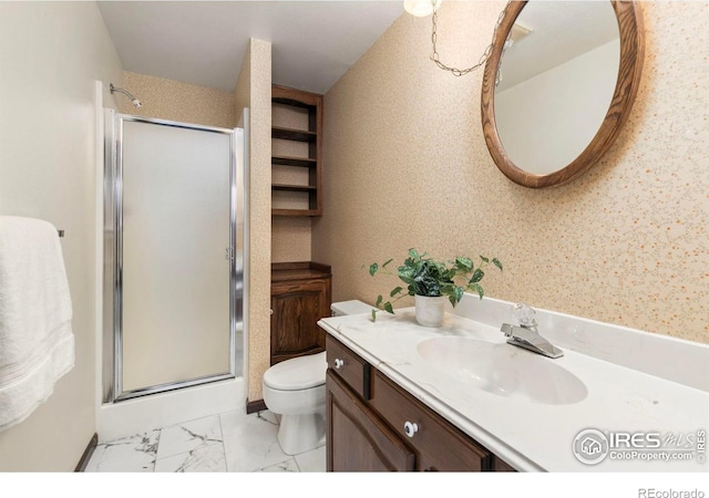 full bathroom featuring toilet, marble finish floor, a stall shower, and wallpapered walls