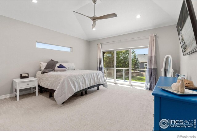 bedroom featuring recessed lighting, carpet floors, lofted ceiling, and access to outside