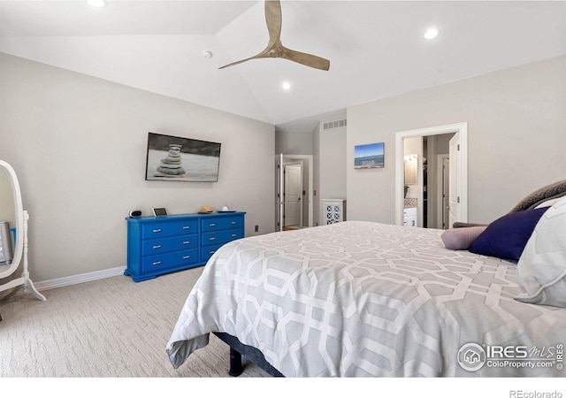 bedroom featuring light carpet, visible vents, recessed lighting, and vaulted ceiling