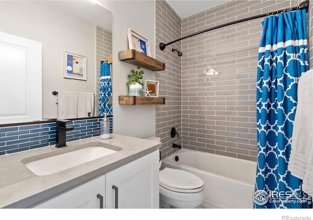 full bathroom featuring shower / bathtub combination with curtain, tasteful backsplash, vanity, and toilet