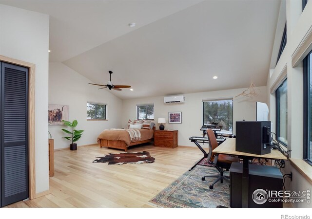 bedroom featuring a wall mounted AC, wood finished floors, recessed lighting, lofted ceiling, and ceiling fan