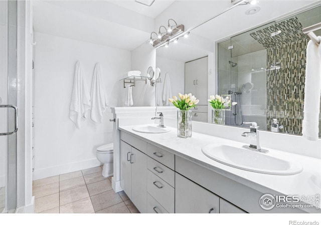 full bath featuring tile patterned floors, double vanity, a stall shower, and a sink