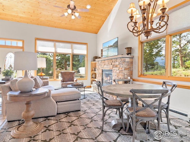 living room with a stone fireplace, high vaulted ceiling, wood ceiling, and ceiling fan with notable chandelier