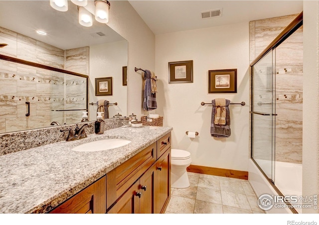 bathroom with visible vents, baseboards, toilet, and vanity