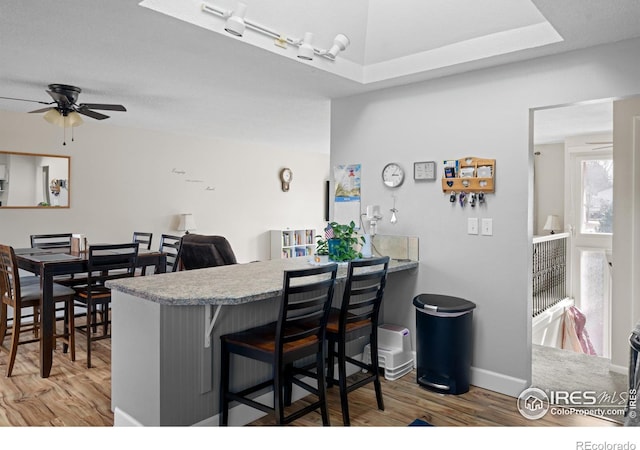 dining room featuring rail lighting, baseboards, a ceiling fan, and wood finished floors