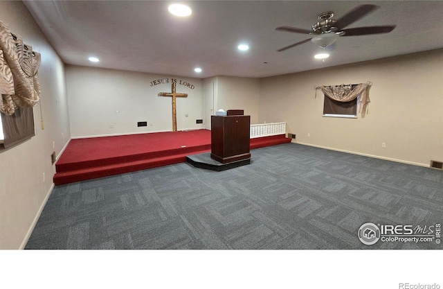 interior space featuring visible vents, recessed lighting, baseboards, and carpet floors