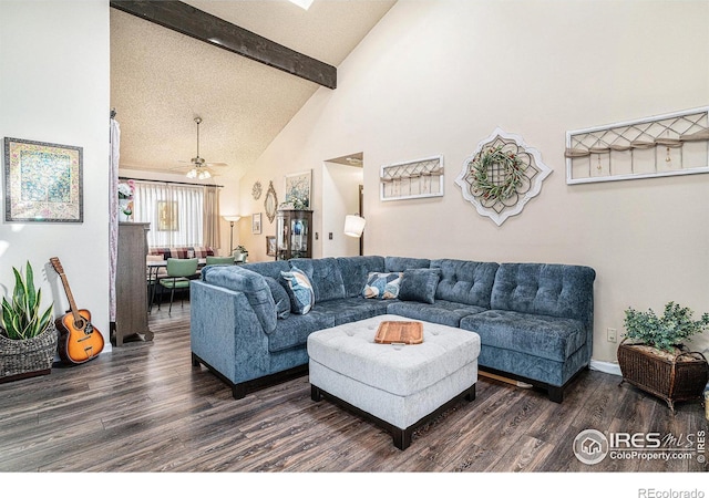 living room featuring beam ceiling, high vaulted ceiling, a ceiling fan, a textured ceiling, and wood finished floors