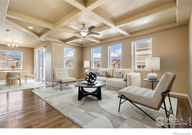 living room featuring baseboards, coffered ceiling, beam ceiling, and wood finished floors