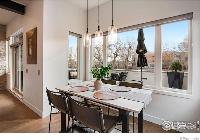 dining space featuring wood finished floors, baseboards, and a healthy amount of sunlight