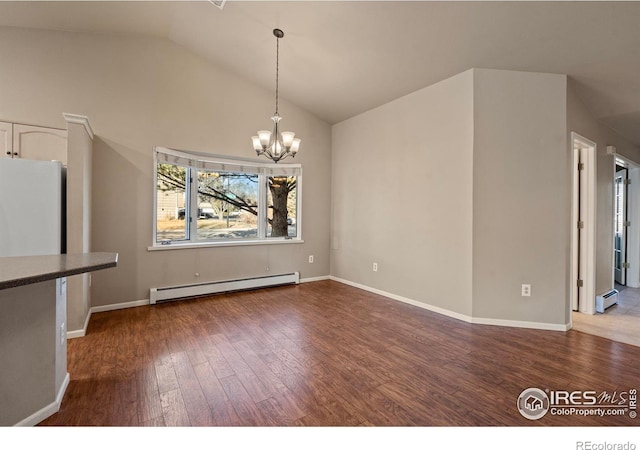 unfurnished dining area featuring a baseboard heating unit, baseboards, a notable chandelier, and dark wood finished floors