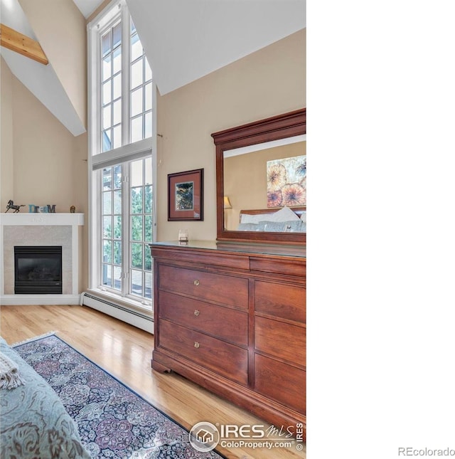 interior space with a glass covered fireplace, multiple windows, wood finished floors, and a baseboard radiator