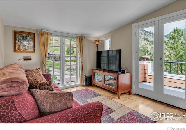 living area with vaulted ceiling, french doors, and wood finished floors