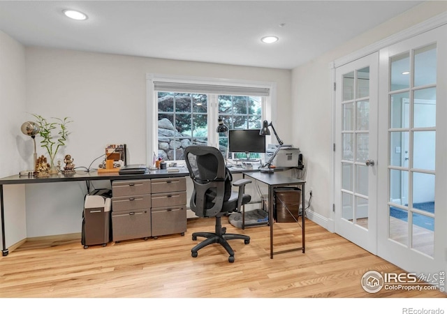 office area with french doors, recessed lighting, light wood-style floors, and baseboards