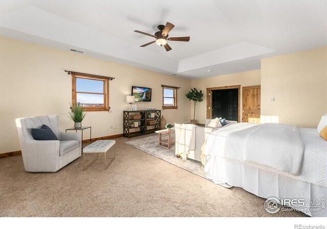 carpeted living room with visible vents, ceiling fan, a raised ceiling, and baseboards