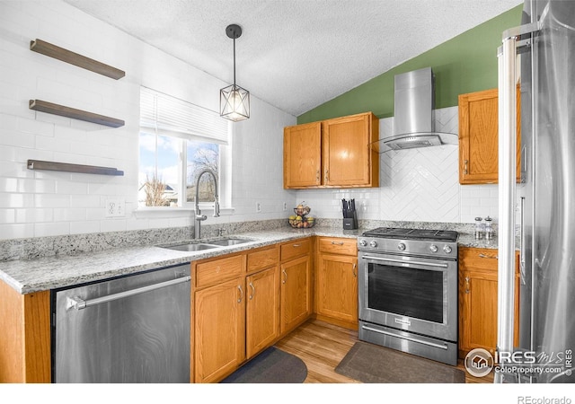 kitchen featuring wall chimney range hood, light wood-type flooring, vaulted ceiling, appliances with stainless steel finishes, and a sink