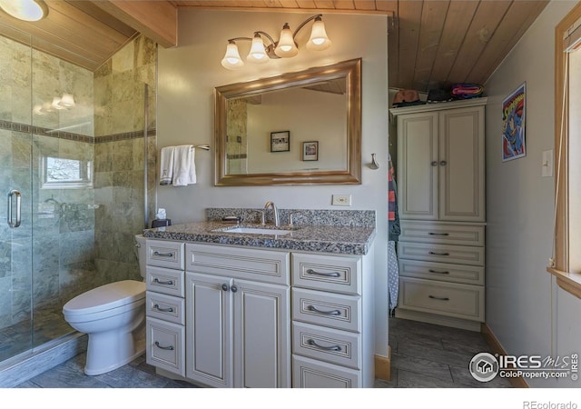 full bath featuring lofted ceiling with beams, toilet, a stall shower, and vanity