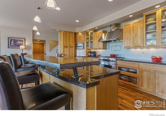 kitchen with dark wood-type flooring, a kitchen breakfast bar, stainless steel appliances, wall chimney exhaust hood, and decorative backsplash