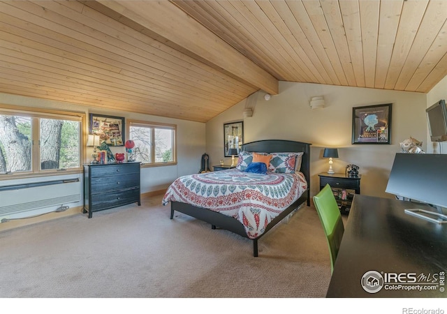 bedroom with carpet floors, wooden ceiling, and vaulted ceiling with beams