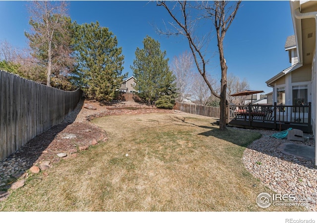 view of yard with a deck and a fenced backyard