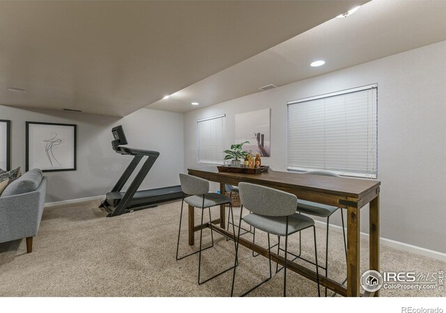 home office featuring recessed lighting, visible vents, baseboards, and carpet flooring