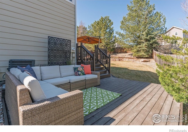 deck with a fenced backyard and an outdoor hangout area